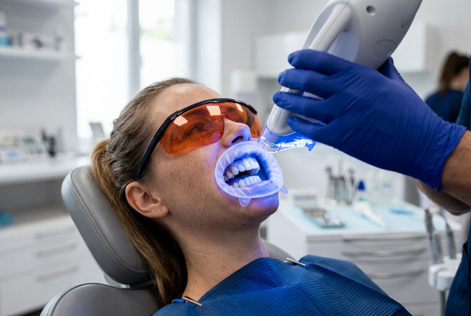 Patient receiving Zoom cold-light whitening treatment at Deutsche ZK Barcelona