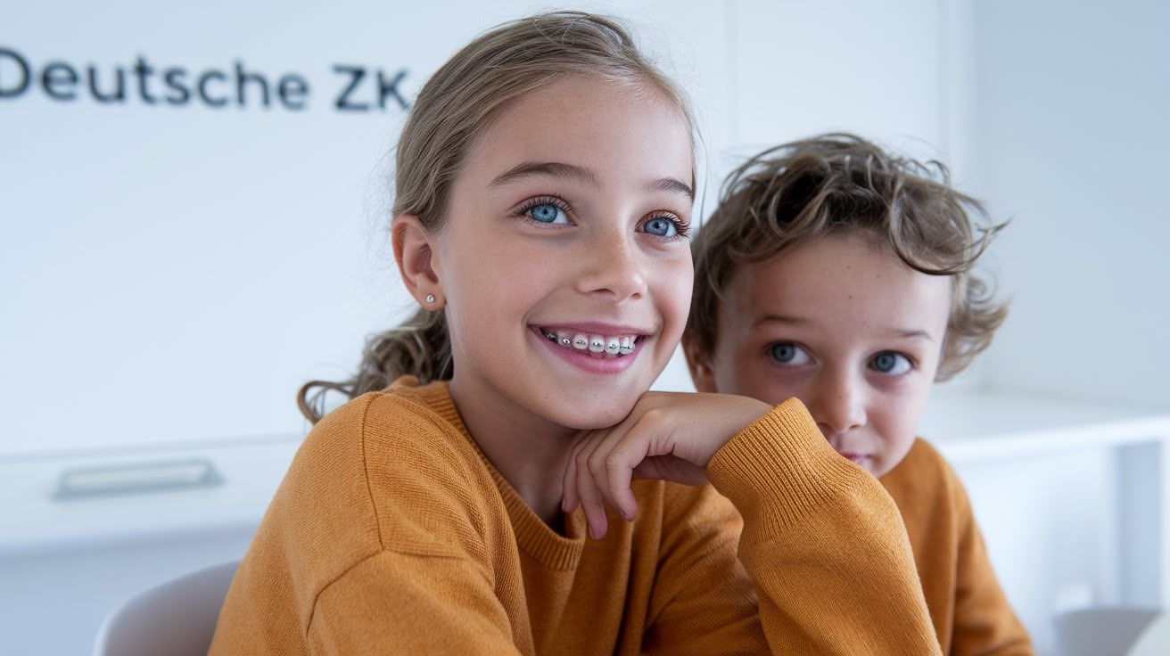 Smiling child wearing fixed braces at Deutsche ZK Clínica Dental in Barcelona